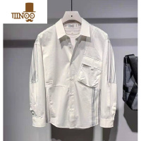 YANXU2023新款长袖衬衣日系小众设计条纹拼色衬衫男宽松痞帅外套