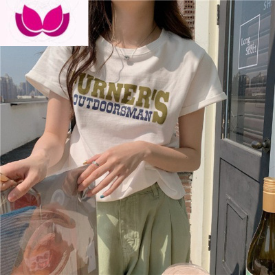 七斓休闲T恤女夏季2023新款字母印花短袖宽松圆领别致独特小上衣