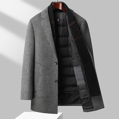 羊毛大衣风衣秋冬新款男士围巾款保暖羽绒拆卸内胆双面尼羊毛外套