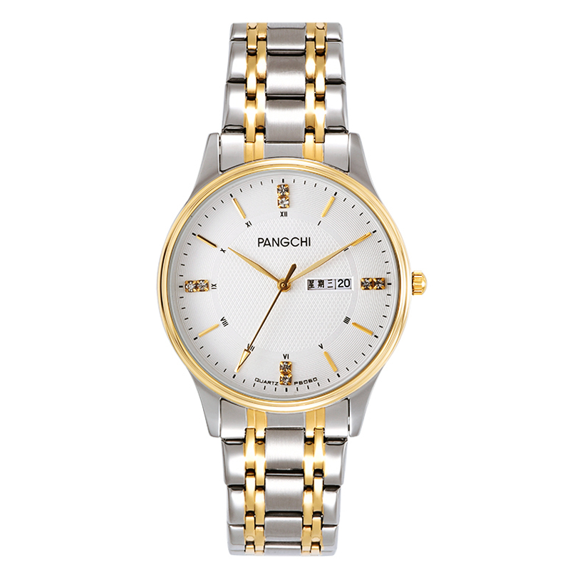 鹏志(pangchi)钢带手表 双日历商务休闲男士表 国产品牌钢带系列时尚
