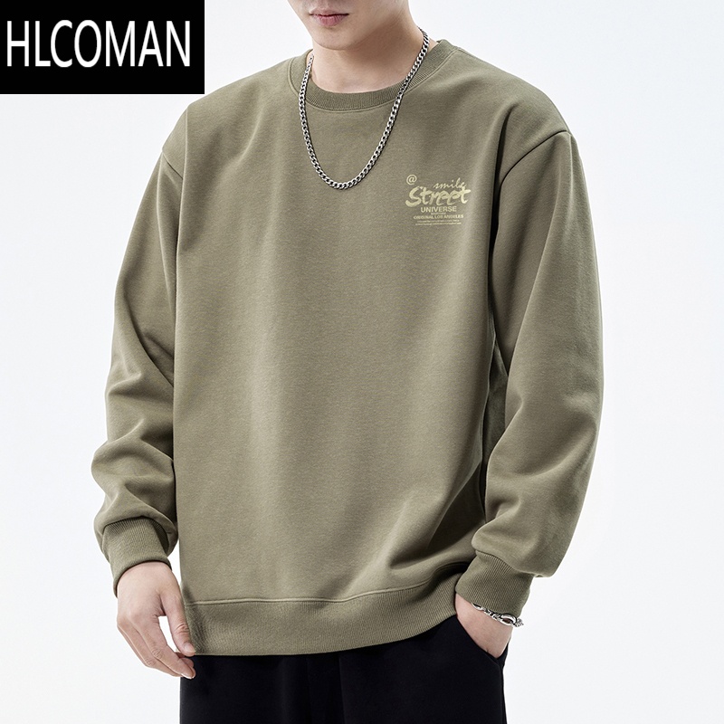 HLCOMAN日系春季卫衣男生加绒内搭宽松圆领潮牌长袖t恤男款