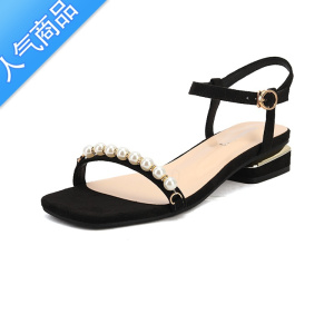 SUNTEK法式凉鞋女2023年夏季新款百搭低跟粗跟珍珠一字带大码女鞋41—43