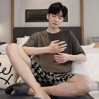 春夏季男士短袖短裤睡衣套头休闲宽松简约可外穿家居服套装