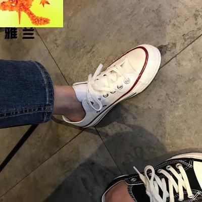 港风平底帆布鞋低帮女板鞋女系带休闲运动鞋街拍时尚女鞋潮透气潮简畅休闲鞋