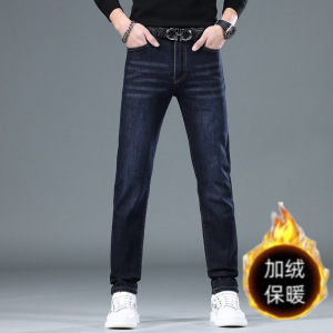 冬季蓝色加绒男士牛仔裤小直筒欧货潮牌弹力修身小直脚休闲长裤