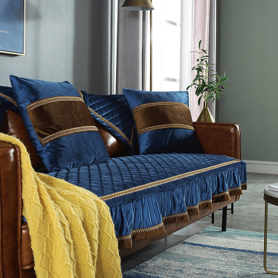 家柏饰(CORATED)沙发垫冬季毛绒防滑沙发套全包套罩简约现代坐垫子 锦素年华-电光蓝 70*120cm+花边