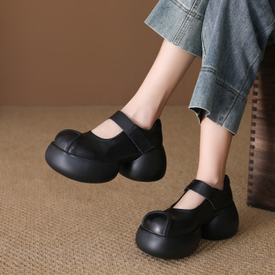 头层牛皮单鞋女2026春季新款厚底复古圆头透气魔术贴高跟休闲女鞋