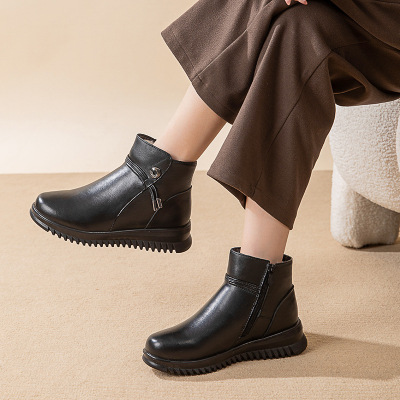 冬季真皮妈妈鞋棉鞋加绒加厚保暖中老年冬鞋防滑平底短靴厂家直销