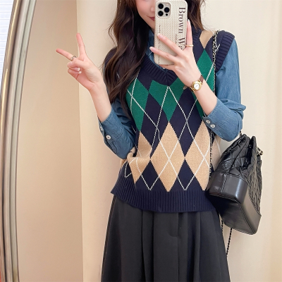 [3件8.5折76.4元,叠加优惠券]唐狮秋冬新款女复古菱格V领套头马甲针织宽松显瘦背心潮流qd