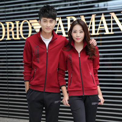 珂卡慕(KEKAMU)春季休闲套装韩版男女长袖跑步运动服两件套情侣卫衣外套红色M/男款