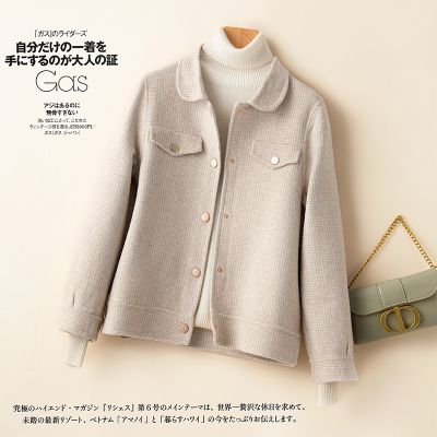 FISHBASKET新款反季双面绒大衣女短款小个子百搭娃娃领千鸟格毛呢外套毛呢外套