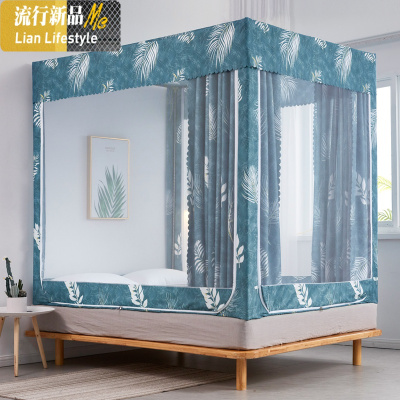 ins家用遮光床帘一体式拉链蚊帐三开方顶公主风1.5米1.8m床双人 三维工匠