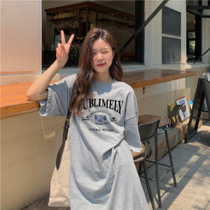 6535棉夏季新款韩版宽松字母印花学生开叉短袖中长款连衣裙女INS_369