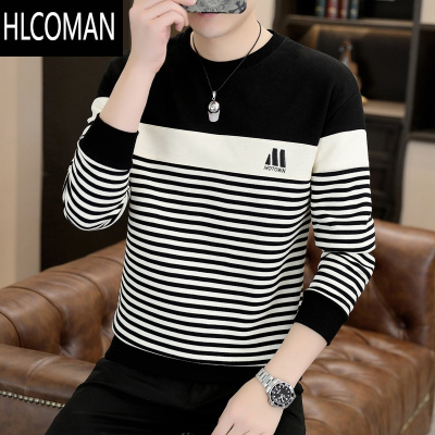 HLCOMAN条纹长袖t恤男士款宽松休闲体恤秋装上衣圆领内搭卫衣打底衫
