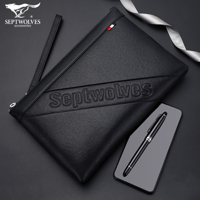 七匹狼手包男真皮正品手拿包软牛皮男士时尚休闲包大容量手机包公文腋下包黑色