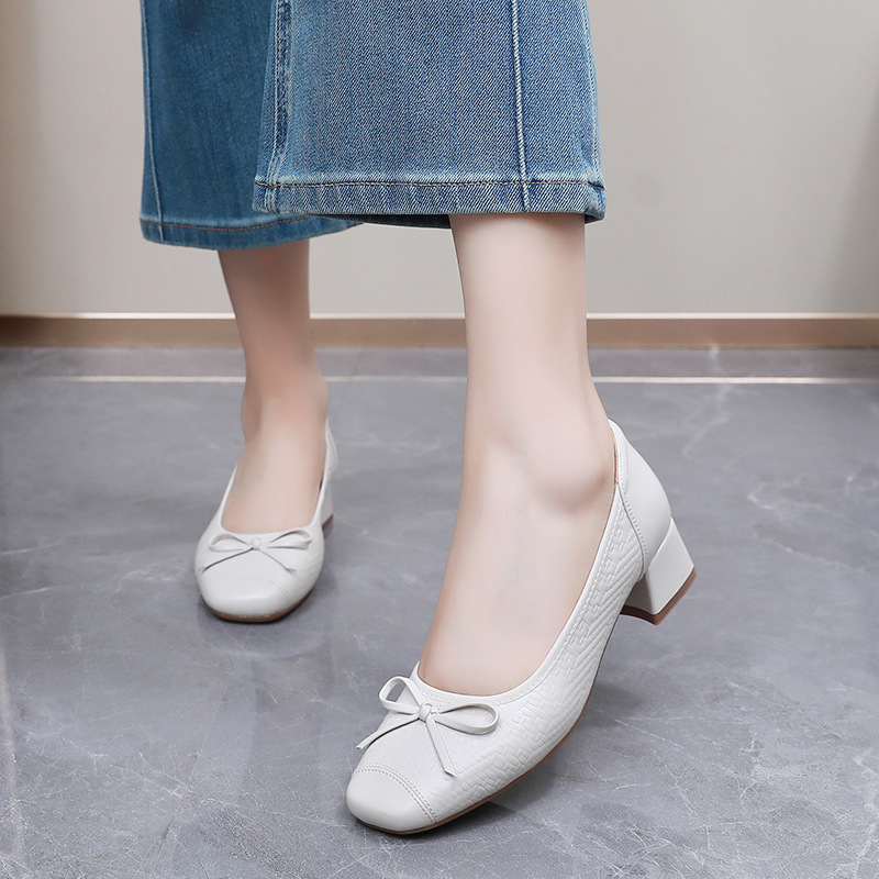 头层牛皮小单鞋女夏秋新款浅口小香风蝴蝶结压花四季豆豆女鞋