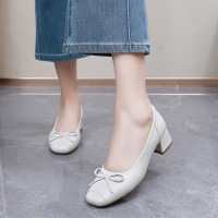 头层牛皮小单鞋女夏秋新款浅口小香风蝴蝶结压花四季豆豆女鞋