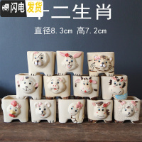 三维工匠多肉花盆陶瓷带托盘创意可爱套装组合粗陶小号个性 咖啡色新品十二生肖4个 中等花盆容器