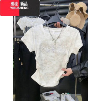 YIBUSHENG大码美式复古收腰褶皱扎染短袖t恤季新款胖mm显瘦遮肉上衣半袖