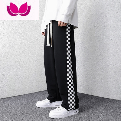 七斓棋盘格裤子男士夏季薄款运动潮牌宽松直筒卫裤款阔腿休闲长裤