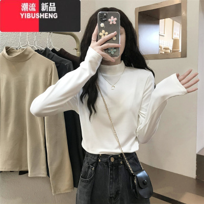 YIBUSHENG春季半高领白色打底衫女德绒2023新款内搭显瘦长袖t恤女上衣