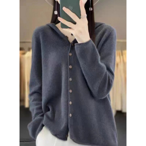 新款无缝100羊毛开衫女薄款连帽毛衣外套宽松慵懒风针织衫上衣