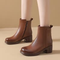 粗跟圆头短靴女真皮复古中跟女靴百搭短筒靴24秋冬单靴加绒马丁靴