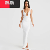 YIBUSHENGgusty欧美风圆环扣镂空低胸吊带过膝长裙性感辣妹露背开叉连衣裙