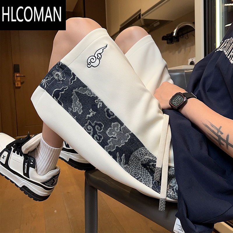 HLCOMAN国风刺绣短裤男款夏季2025新款宽松休闲运动潮牌男生国潮五分中裤