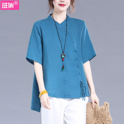 班俏BANQIAO棉麻衬衫女短袖2020夏季新款韩版宽松时尚民族风上衣减龄复古衬衣女装
