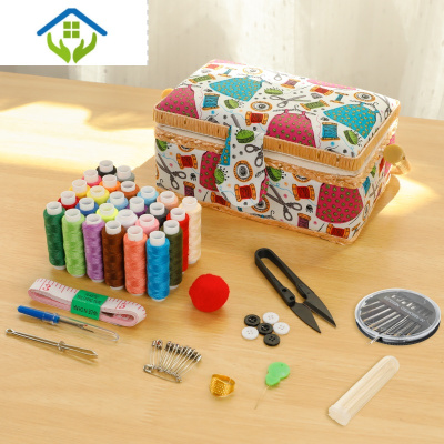 御蓝锦欧式布艺针线盒便携式针线包家用多功能缝纫工具套装结婚缝补绿针线-26色针线盒套装