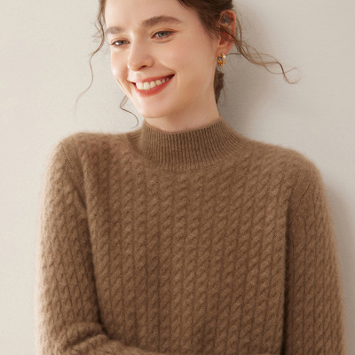 全身麻花山羊绒衫秋冬半高领加厚保暖绞花毛衣宽松休闲内搭打底衫