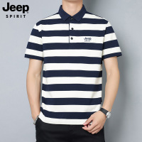 Jeep spirit男士短袖T恤夏季新款潮流上衣宽松条纹纯棉翻领polo衫