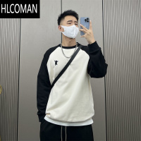 HLCOMAN新款美式拼色圆领T恤卫衣男长袖潮牌高级感百搭打底衫上衣