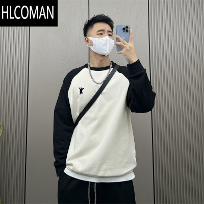 HLCOMAN新款美式拼色圆领T恤卫衣男长袖潮牌高级感百搭打底衫上衣