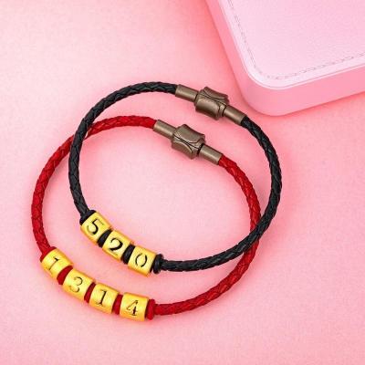 老庙黄金黄金手链足金LOVE字母数字转运珠手链3D硬金定价(不含皮绳)