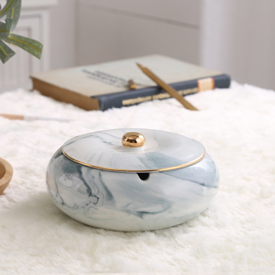 乐逸仕(LEYISHI)摆件桌面创意烟缸防风带盖陶瓷烟灰缸-绿色大理纹大号