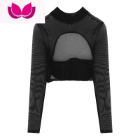 七斓纯欲网纱T恤女夏季半高领黑色辣妹露背性感修身显瘦长袖短款上衣