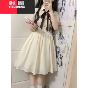 YIBUSHENG学院风小个子连衣裙季新款甜美初恋蝴蝶结收腰显瘦短袖a字裙子