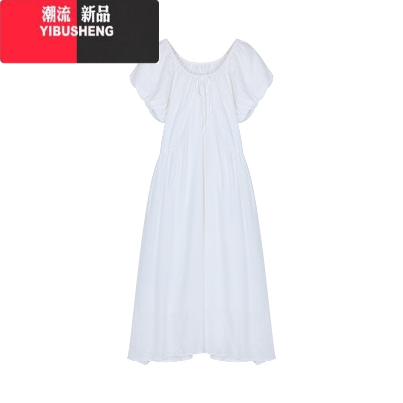 YIBUSHENG法式泡泡袖系带抽绳连衣裙女装季白色收腰仙女裙A字裙
