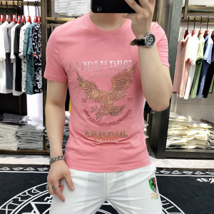 夏季新款短袖T恤男韩版潮流修身老鹰亮片烫金潮牌帅气丝光棉半袖