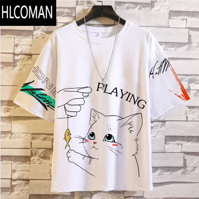 HLCOMAN夏季男士五分袖t恤打底衫国潮宽松短袖体恤圆领印花半袖上衣青春