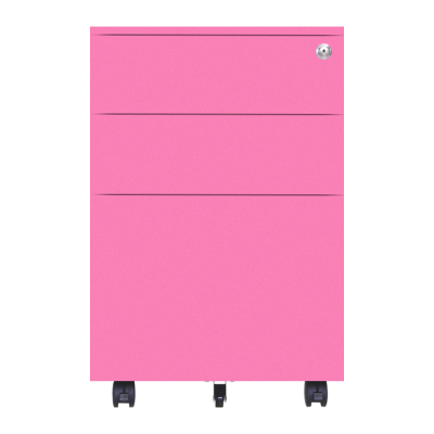 臻远 办公移动柜钢制活动柜带轮移动文件柜办公室矮柜 侧拉粉色钥匙锁