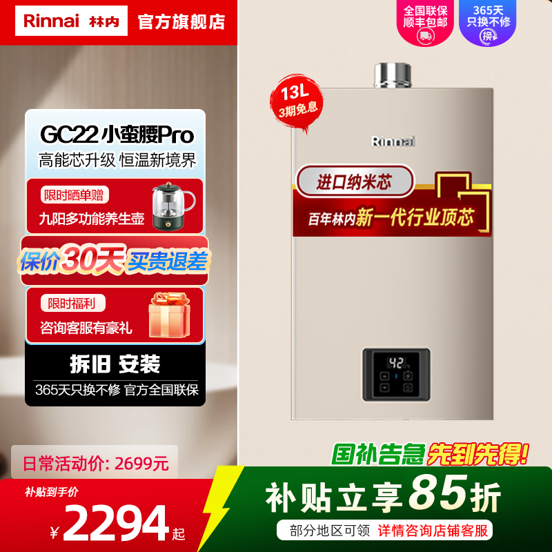 [小蛮腰PRO]林内燃气热水器13升家用恒温GC22节能ECO变频恒温 同款13GD32