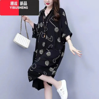 YIBUSHENG大码简约开衫POLO领妈妈衬衫中长款胖mm连衣裙遮肚子半袖洋气裙子