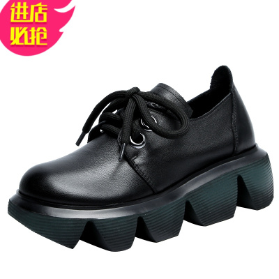 金三志轻便头层松糕跟厚底复古手工鞋皮鞋2021春季新皮圆头女单鞋休闲鞋