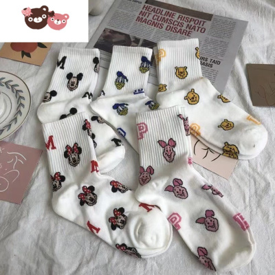 绿彩虹光日系米奇袜子女春夏ins风可爱学生潮中筒运动长筒新款短袜韩版