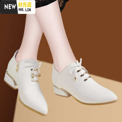 林先森米色粗跟单鞋女鞋子2021年春秋新款百搭中跟皮女士皮鞋女工作鞋休闲鞋