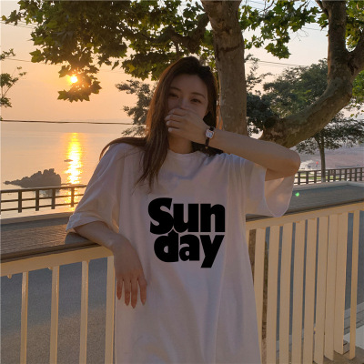 6535棉夏季新款韩版宽松字母印花学生开叉短袖中长款连衣裙女INS_13