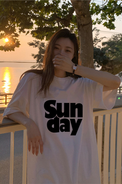 6535棉夏季新款韩版宽松字母印花学生开叉短袖中长款连衣裙女INS